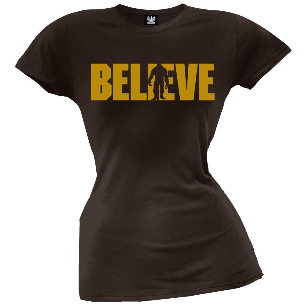 Bigfoot Believe Logo Juniors T-Shirt Juniors T-Shirts Old Glory LG Brown