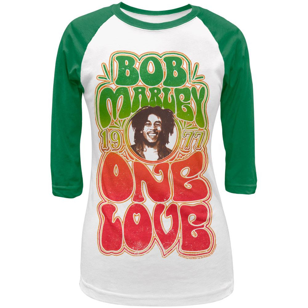Bob Marley One Love 1977 Juniors Raglan T Shirt Juniors Raglans Bob Marley SM White
