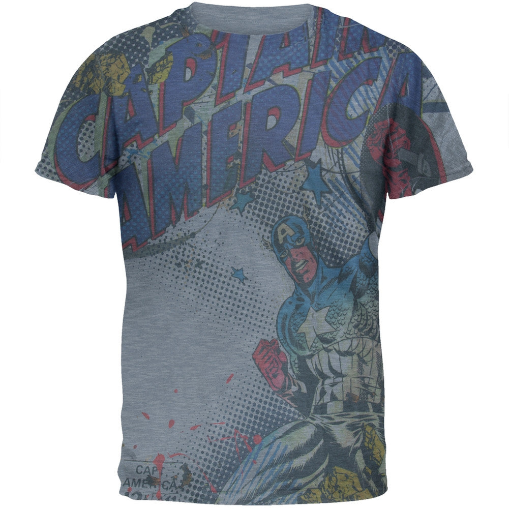 Captain America - Raised Shield All-Over Soft T-Shirt Men's T-Shirts Captain America SM Light Blue