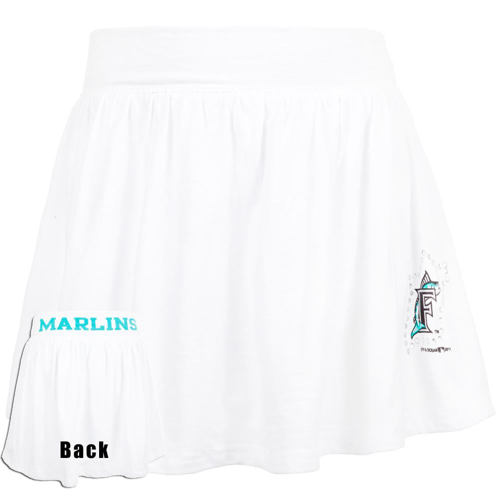 Florida Marlins - Rhinestone Logo Girls Juvy Athletic Skort Juvenile Skirts Florida Marlins J6 White