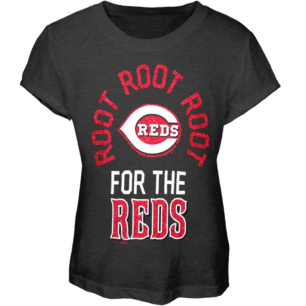 Cincinnati Reds - Glitter Root Girls Juvy T-Shirt Juvenile T-Shirts Cincinnati Reds J8 Grey