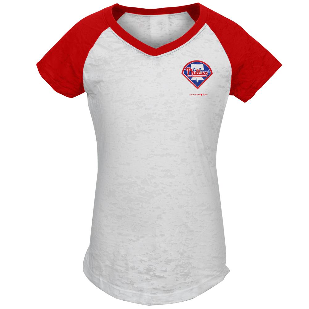 Philadelphia Phillies - #1 Girls Youth Burnout V-Neck Raglan Youth T-Shirts Philadelphia Phillies 10 White