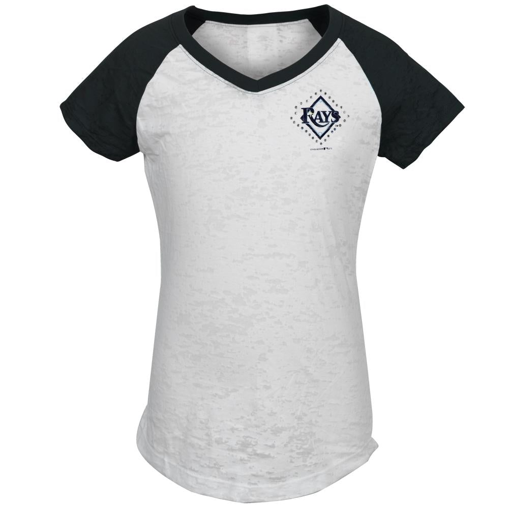 Tampa Bay Rays - #1 Girls Juvy Burnout V-Neck Raglan Juvenile T-Shirts Tampa Bay Devil Rays J6 White