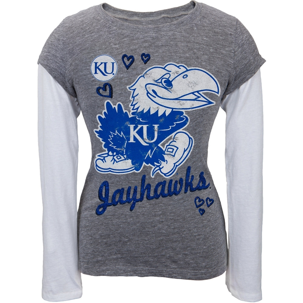 Kansas Jayhawks - Glitter Hearts Girls Juvy 2fer Long Sleeve T-Shirt Juvenile Long Sleeves Kansas Jayhawks J6 Grey