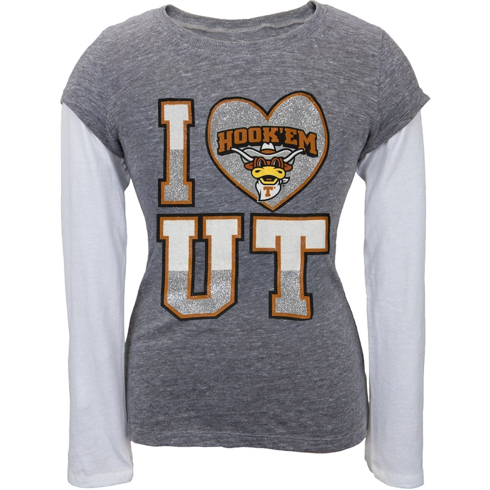 Texas Longhorns - Glitter I Heart Girls Youth 2fer Long Sleeve T-Shirt Youth Long Sleeves Texas Longhorns 14 Grey