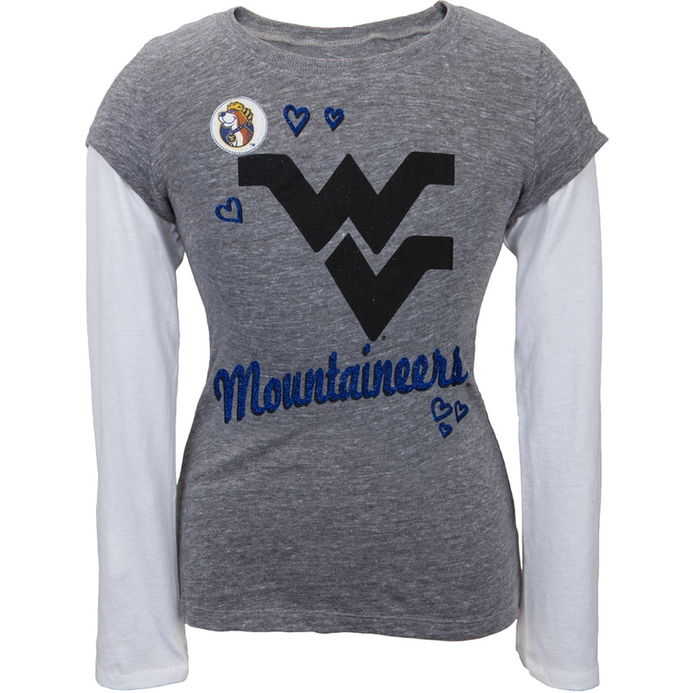 West Virginia Mountaineers - Glitter Hearts Girls Youth 2fer Long Sleeve T-Shirt Youth Long Sleeves West Virginia Mountaineers 12 Grey