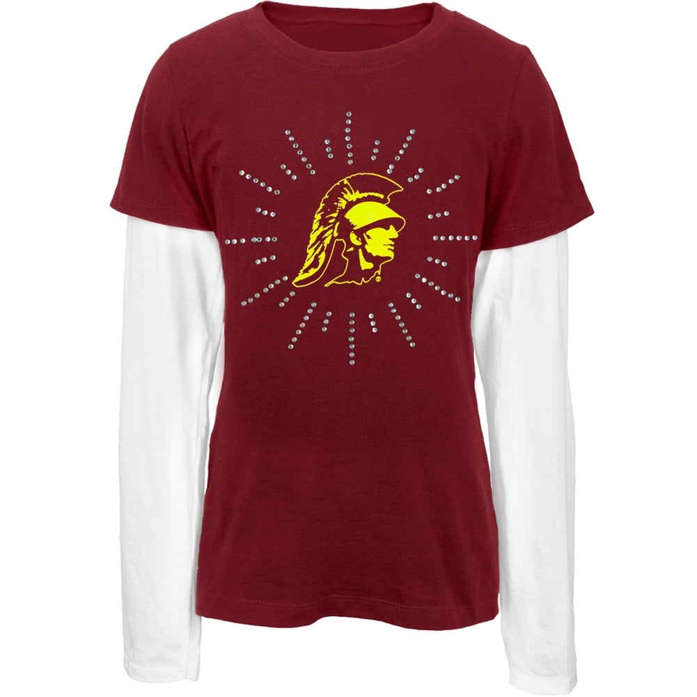 USC Trojans - Rhinestone Ray Logo Girls Juvy 2fer Long Sleeve T-Shirt Juvenile Long Sleeves USC Trojans J7 Red