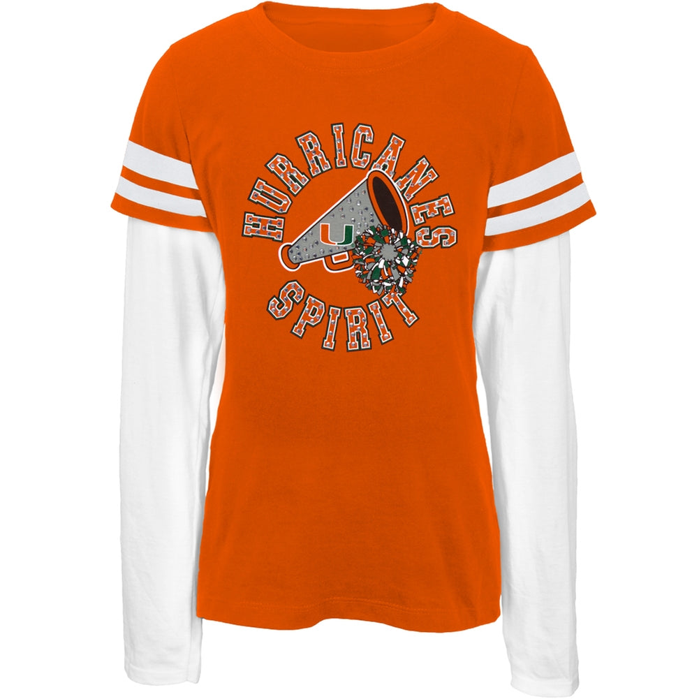 Miami - Spirit Game Day Stripes Girls Youth 2fer Long Sleeve T-Shirt Youth Long Sleeves Miami Hurricanes 10 Orange
