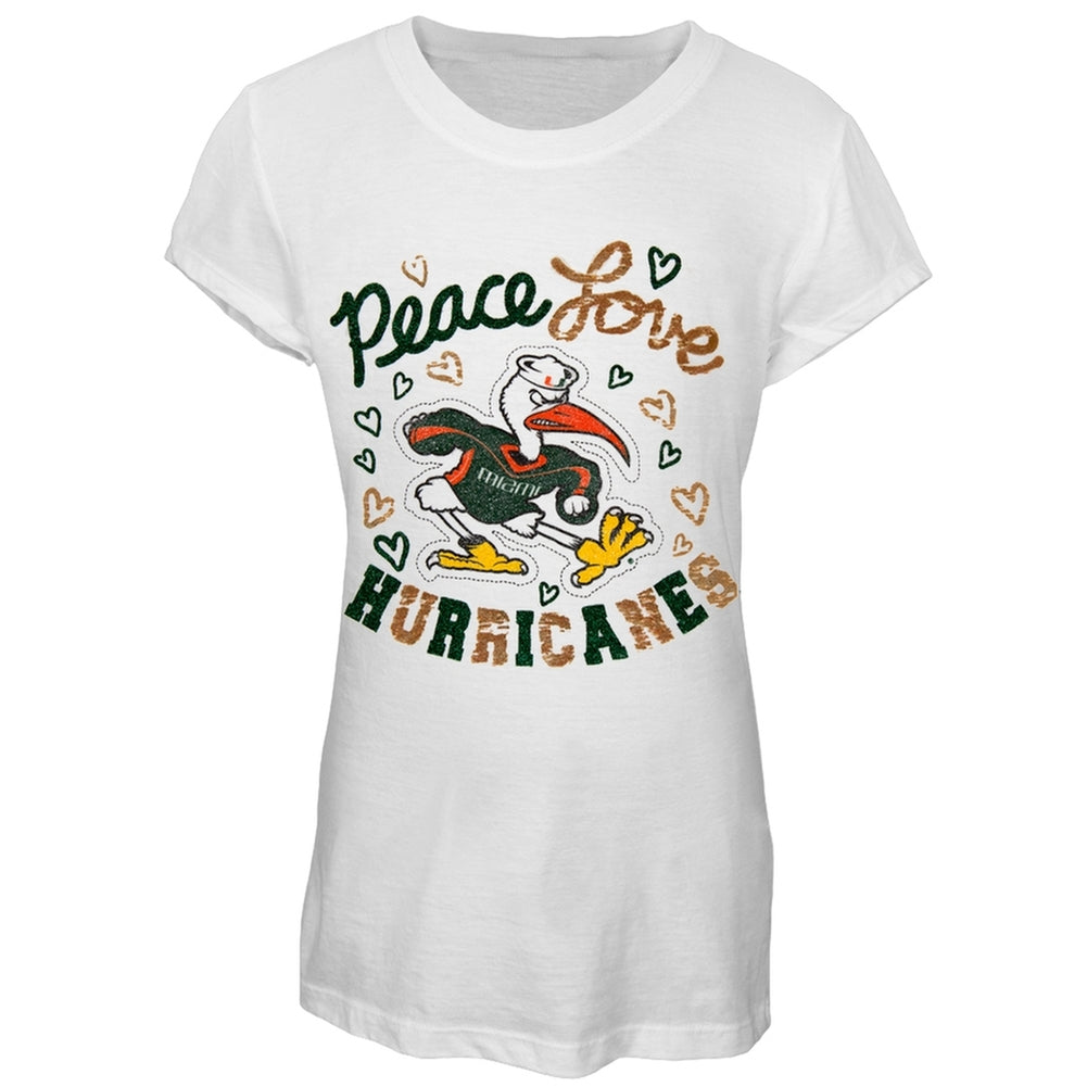 Miami Hurricanes - Peace Glitter Logo Girls Youth T-Shirt Youth T-Shirts Miami Hurricanes 14 White