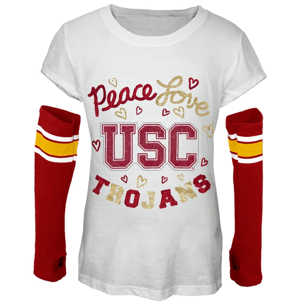 USC Trojans - Peace Glitter Logo Girls Juvy T-Shirt w/Detached Sleeves Juvenile T-Shirts USC Trojans J7 White