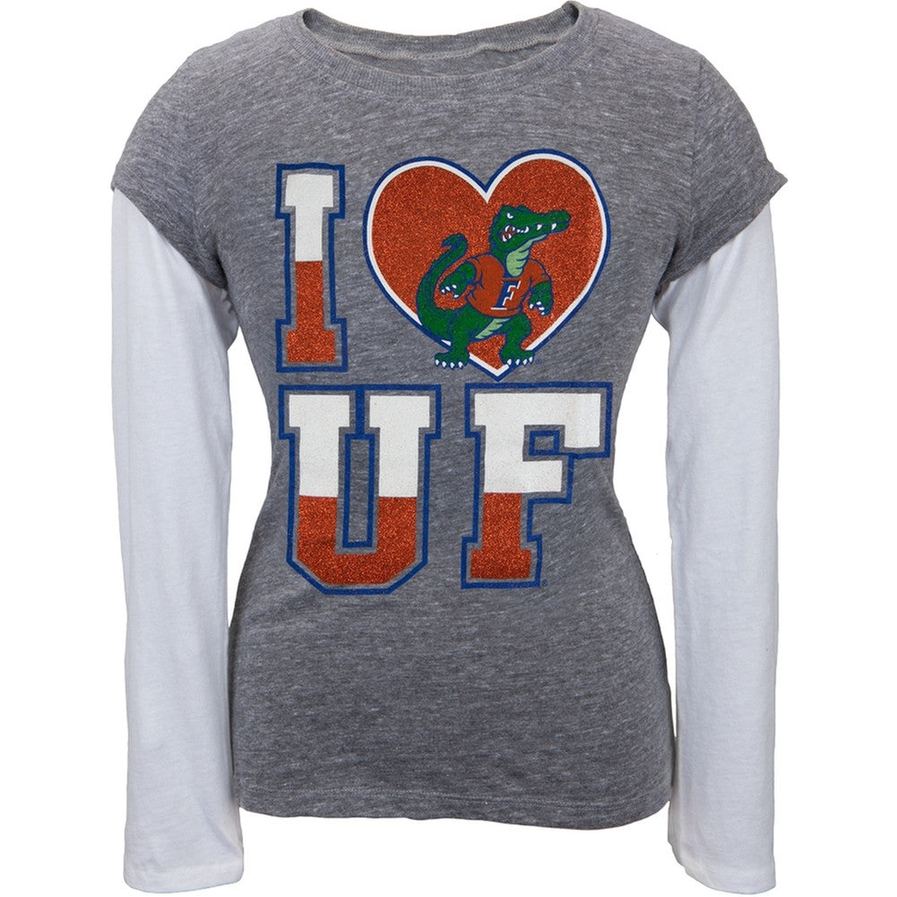 Florida Gators - Glitter I Heart Girls Youth Soft 2fer Long Sleeve T-Shirt Youth Long Sleeves Florida Gators