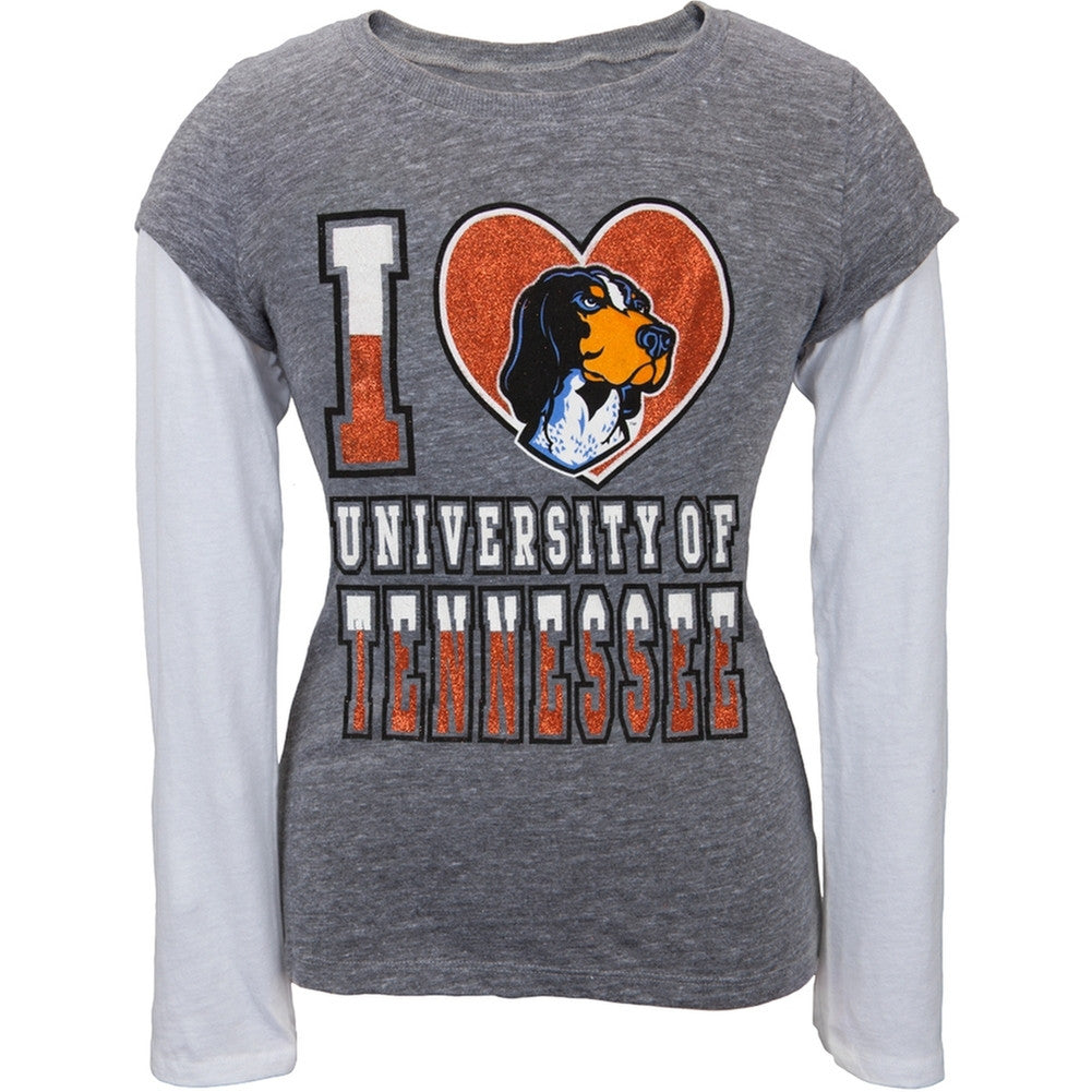 Tennessee Volunteers - Glitter I Heart Girls Youth 2fer Long Sleeve T-Shirt Youth Long Sleeves Tennessee Volunteers