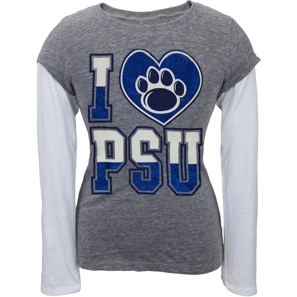 Penn State Nittany Lions - Glitter Heart Girls Juvy 2fer Long Sleeve T-Shirt Juvenile Long Sleeves Penn State Nittany Lions J6 Grey