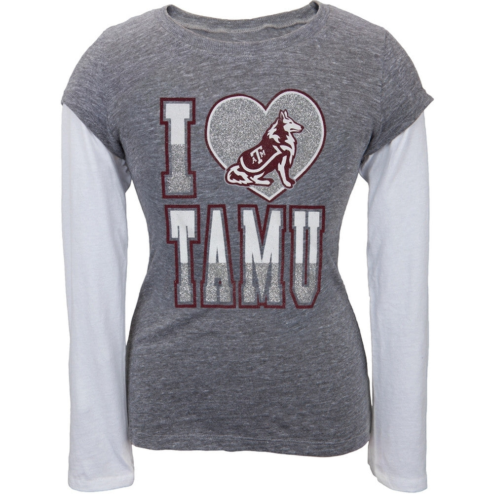 Texas A Aggies - Glitter Heart Girls Youth 2fer Long Sleeve T-Shirt Youth Long Sleeves Texas A Aggies