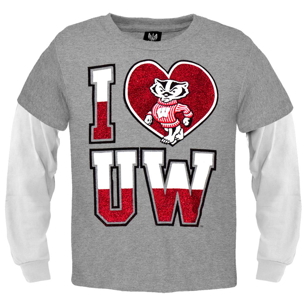 Wisconsin Badgers - Glitter Heart Girls Youth 2fer Long Sleeve T-Shirt Youth Long Sleeves Wisconsin Badgers 10 Grey