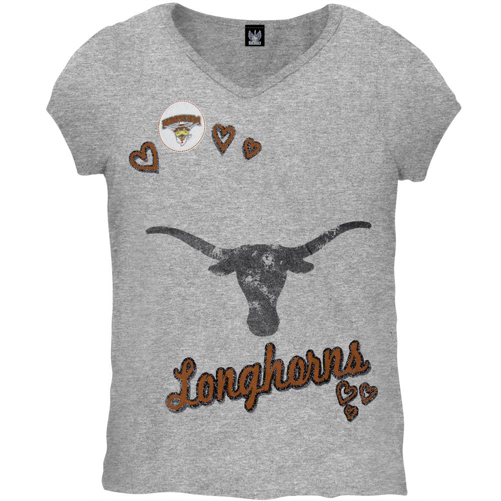 Texas Longhorns - Glitter Heart Girls Youth Soft T-Shirt Youth T-Shirts Texas Longhorns 10 Grey