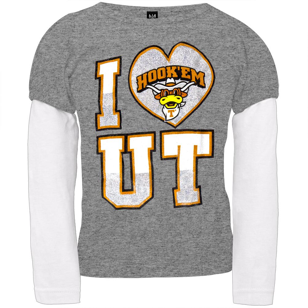 Texas Longhorns - Glitter Hearts Girls Juvy 2fer Long Sleeve T-Shirt Juvenile Long Sleeves Texas Longhorns J7 Grey