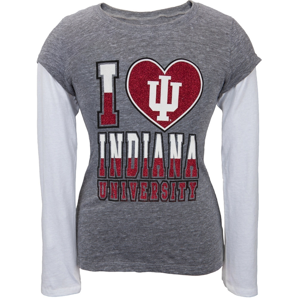Indiana Hoosiers - Glitter I Heart Girls Youth 2fer Long Sleeve T-Shirt Youth Long Sleeves Indiana Hoosiers 10 Grey