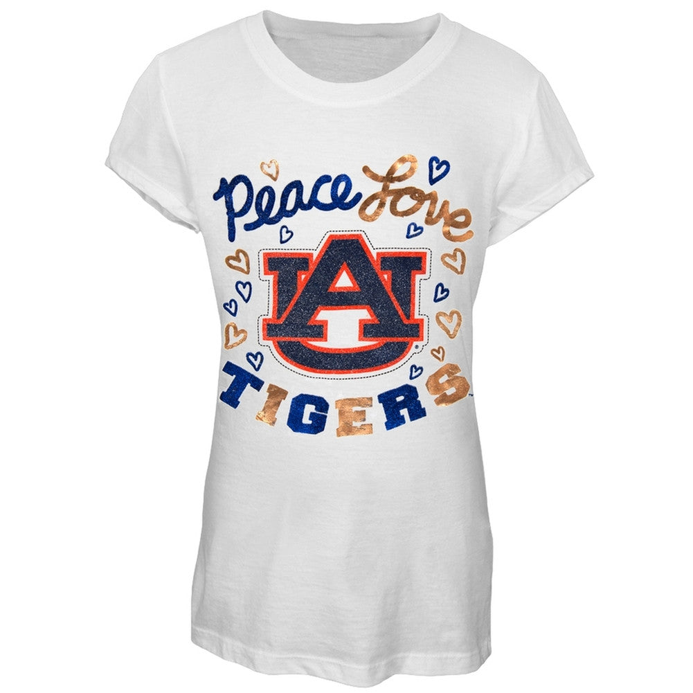 Auburn Tigers - Peace Love Glitter Logo Girls Youth T-Shirt Youth T-Shirts Auburn Tigers 16 White