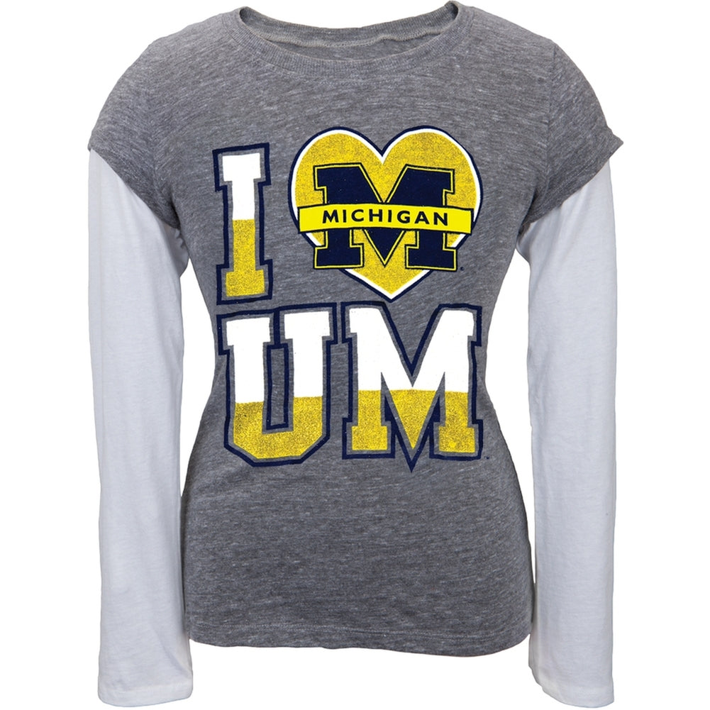 Michigan Wolverines - Glitter I Heart Logo Girls Youth 2fer Long Sleeve T-Shirt Youth Long Sleeves Michigan Wolverines 12 Grey