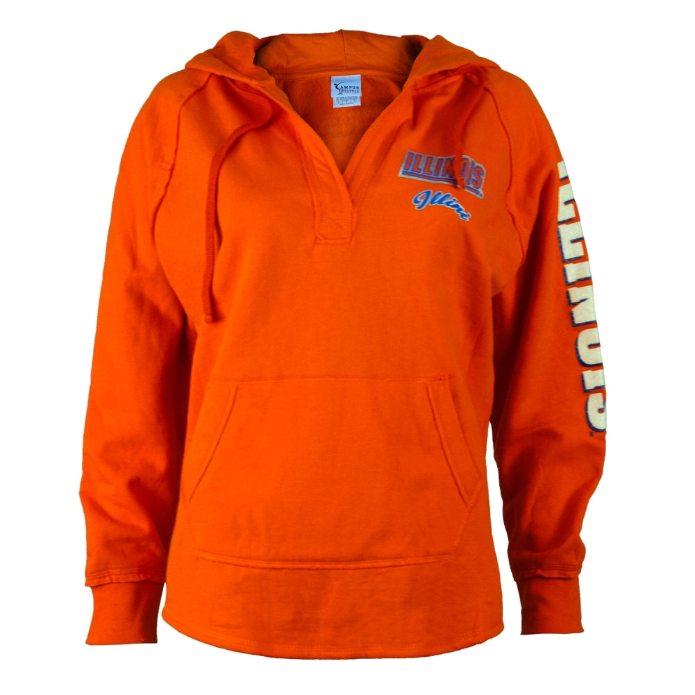 Illinois Fightin Illini - Foil Logo V-Neck Juniors Pullover Hoodie Juniors Hoodies Illinois Fighting Illini LG Orange
