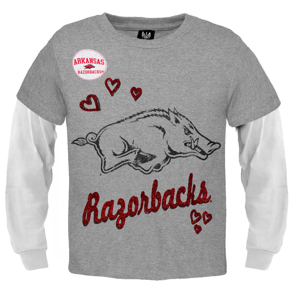 Arkansas Razorbacks - Glitter Hearts Girls Juvy 2fer Long Sleeve T-Shirt Juvenile Long Sleeves Arkansas Razorbacks