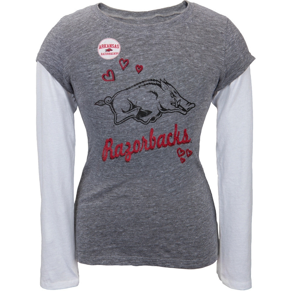 Arkansas Razorbacks - Glitter Hearts Girls Youth 2fer Long Sleeve T-Shirt Youth Long Sleeves Arkansas Razorbacks