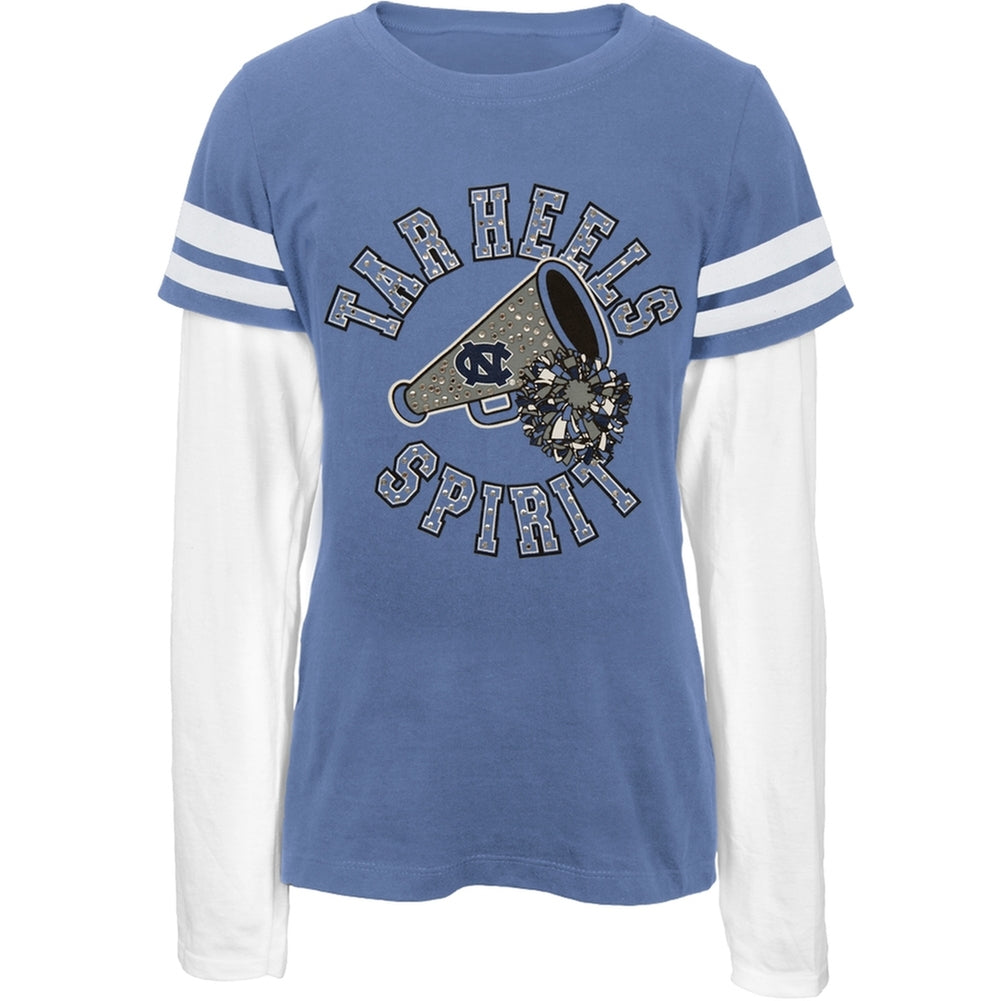 North Carolina Tar Heels - Rhinestone Spirit Youth 2fer Long Sleeve T-Shirt Youth Long Sleeves North Carolina Tar Heels 10 Blue