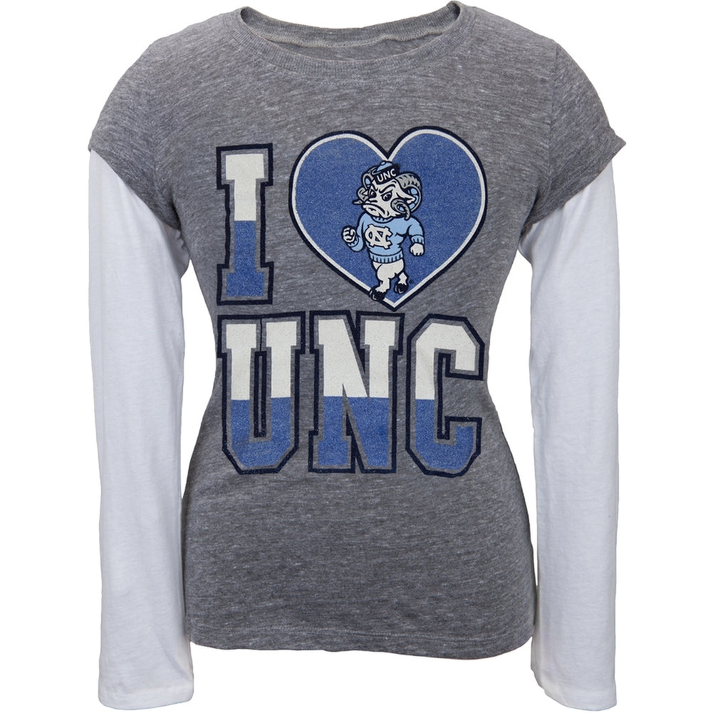 North Carolina Tar Heels - Glitter I Heart Juvy Soft 2fer Long Sleeve T-Shirt Juvenile Long Sleeves North Carolina Tar Heels J6 Grey