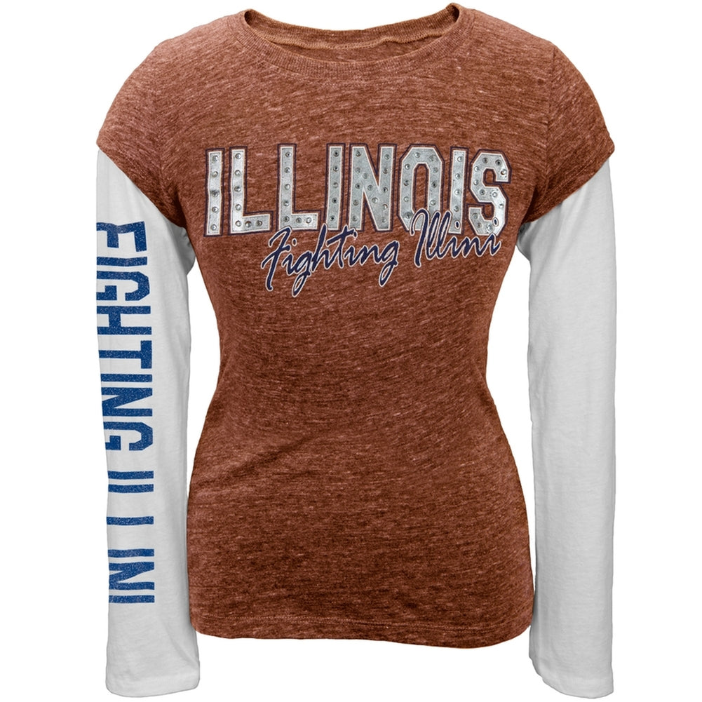 Illinois Fighting Illini - Rhinestone Foil Girls Youth 2fer Long Sleeve T-Shirt Youth Long Sleeves Illinois Fighting Illini 10 Orange