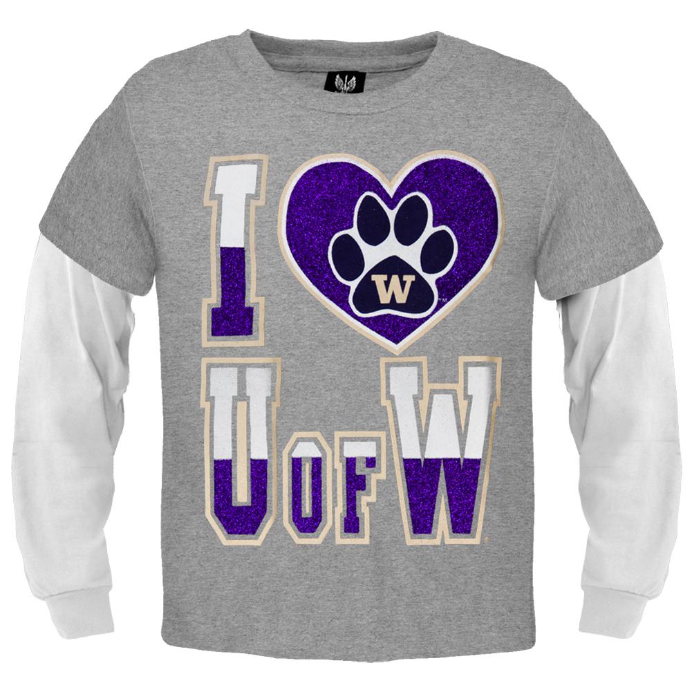 Washington Cougars - Glitter I Heart Logo Juvy Soft 2fer Long Sleeve T-Shirt Juvenile Long Sleeves Washington Cougars J6 Grey