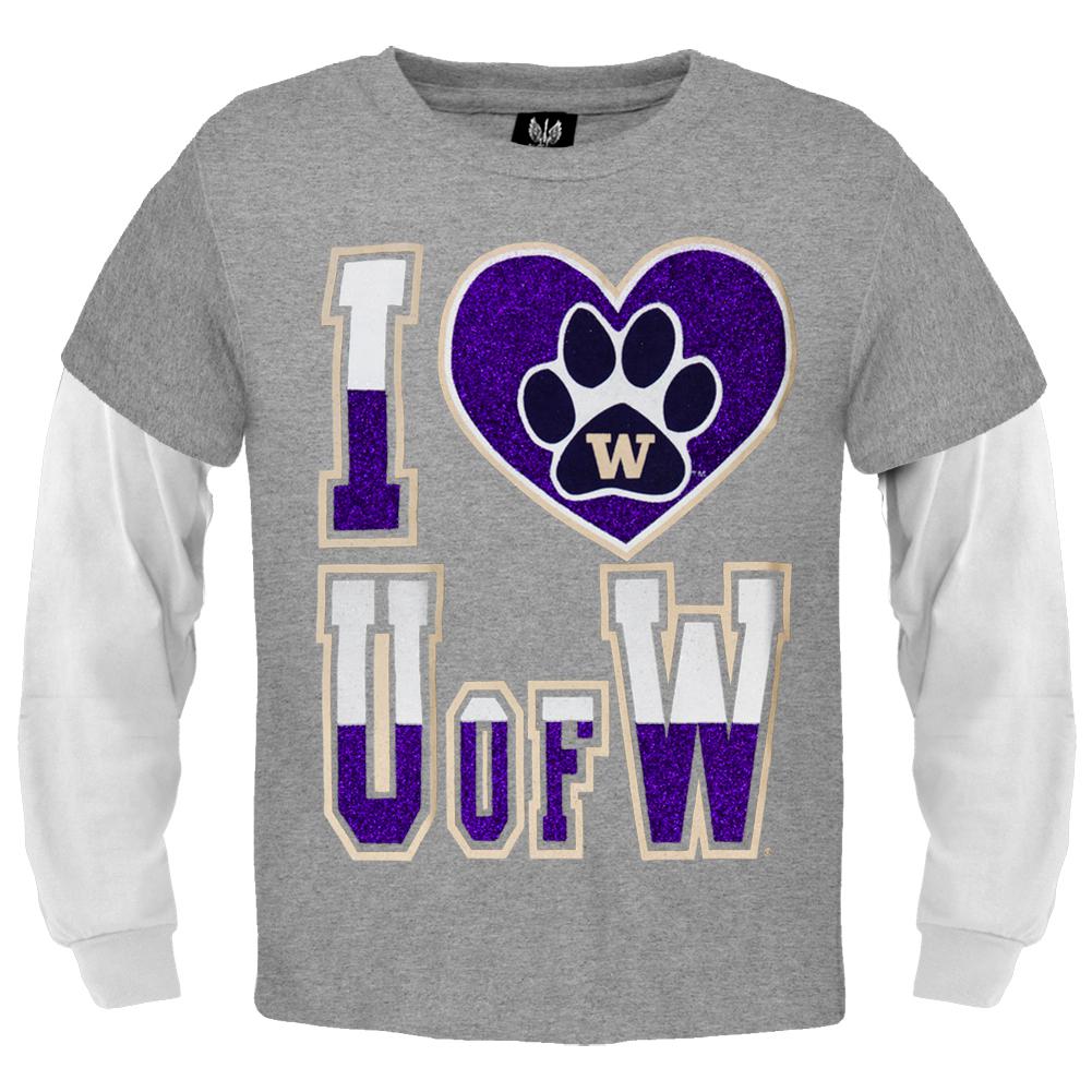 Washington Cougars - Glitter I Heart Logo Girls Youth 2fer Long Sleeve T-Shirt Youth Long Sleeves Washington Cougars 18 Grey
