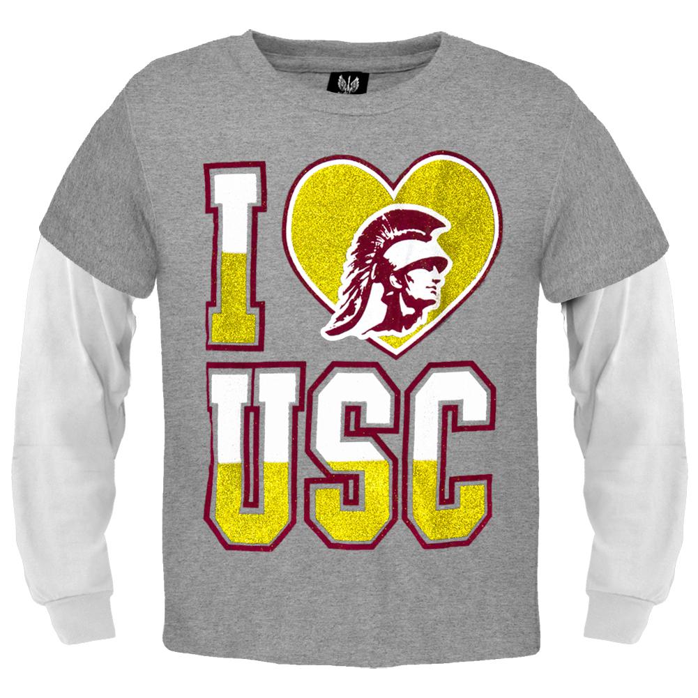 USC Trojans - Glitter I Heart Logo Girls Juvy Soft 2fer Long Sleeve T-Shirt Juvenile Long Sleeves USC Trojans J6 Grey