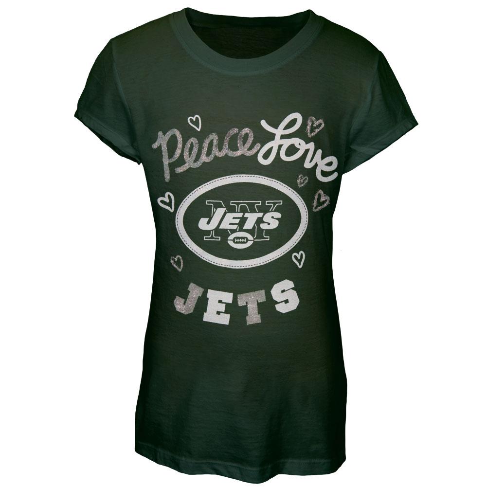 New York Jets - Glitter Peace Love Logo Youth NFL T Shirt Youth T-Shirts New York Jets 12-14 Green