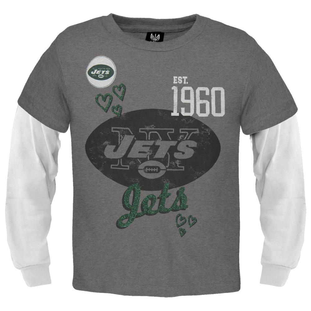 New York Jets - Glitter Hearts Girls Youth 2fer Long Sleeve NFL T Shirt Youth Long Sleeves New York Jets 8-10 Grey