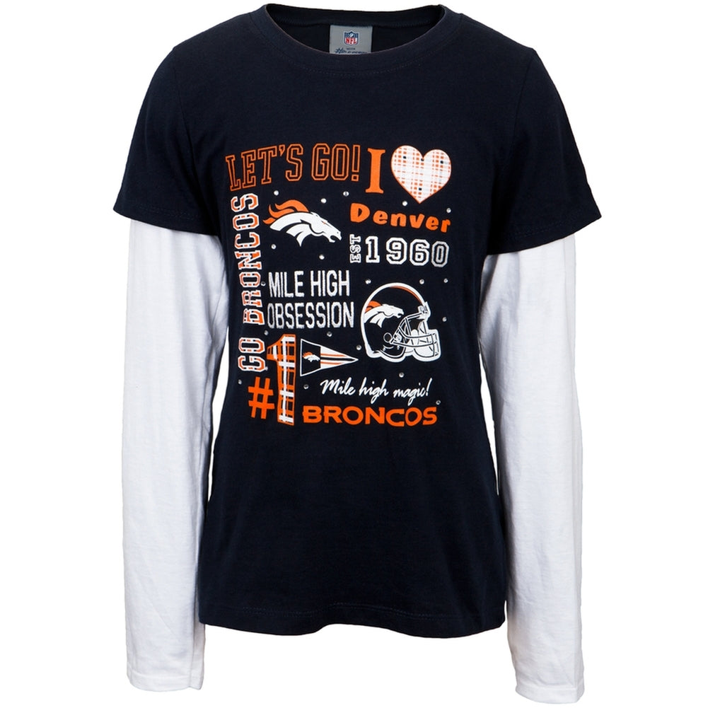Denver Broncos - Rhinestone Spirit Girls Youth 2fer Long Sleeve T-Shirt Youth Long Sleeves Denver Broncos 14-Dec Blue