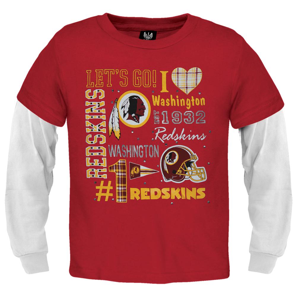 Washington Redskins - Rhinestone Spirit Girls Youth 2fer Long Sleeve T-Shirt Youth Long Sleeves Washington Redskins 8-10 Red
