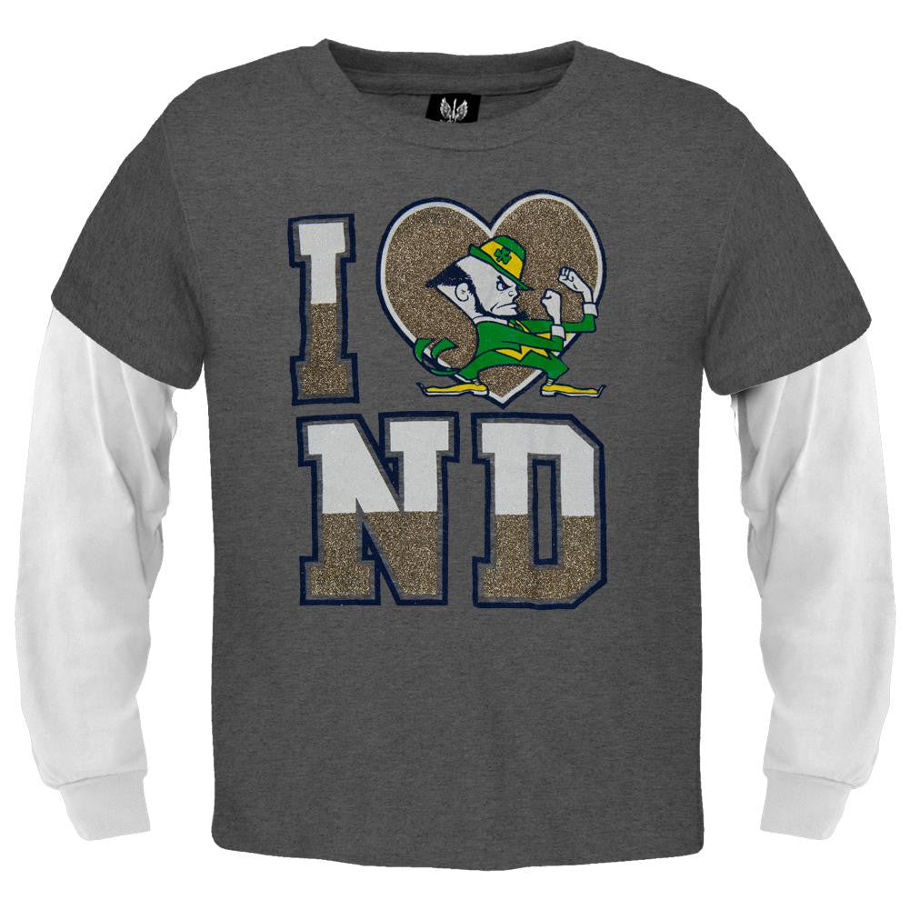Notre Dame Fighting Irish - Glitter Heart Girls Youth 2fer Long Sleeve T-Shirt Youth Long Sleeves Notre Dame Fighting Irish