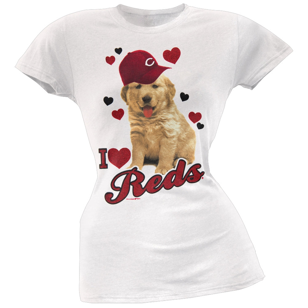 Cincinnati Reds - I Heart Puppy Girls Youth T-Shirt Youth T-Shirts Cincinnati Reds 10 White