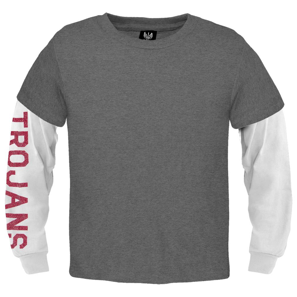 USC Trojans - Glitter Sleeve Youth 2Fer Long Sleeve T-Shirt Youth Long Sleeves USC Trojans 16Y Grey