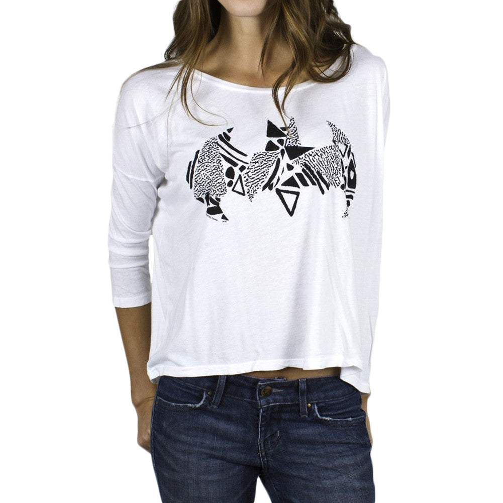 Batman - Pencil Sketch Logo Juniors Dolman Long Sleeve T-Shirt Juniors Long Sleeves Batman SM White