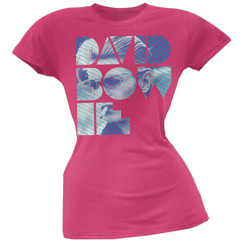 David Bowie - Striped Photo Logo Juniors T-Shirt Juniors T-Shirts David Bowie LG Pink