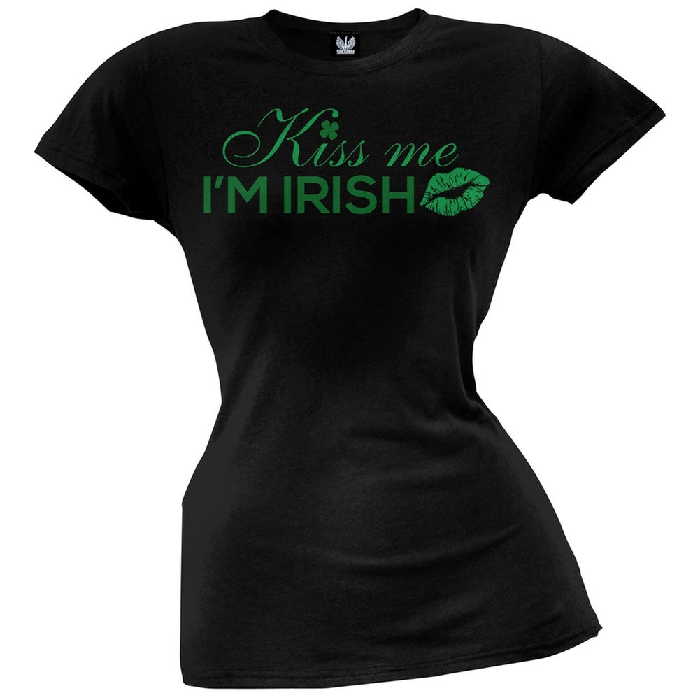 St. Patrick's Day Kiss Me I'm Irish Black Juniors V-Neck T-Shirt Juniors T-Shirts Old Glory