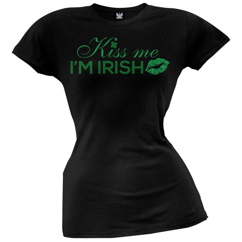 St. Patrick's Day Kiss Me I'm Irish Black Juniors V-Neck T-Shirt Juniors T-Shirts Old Glory