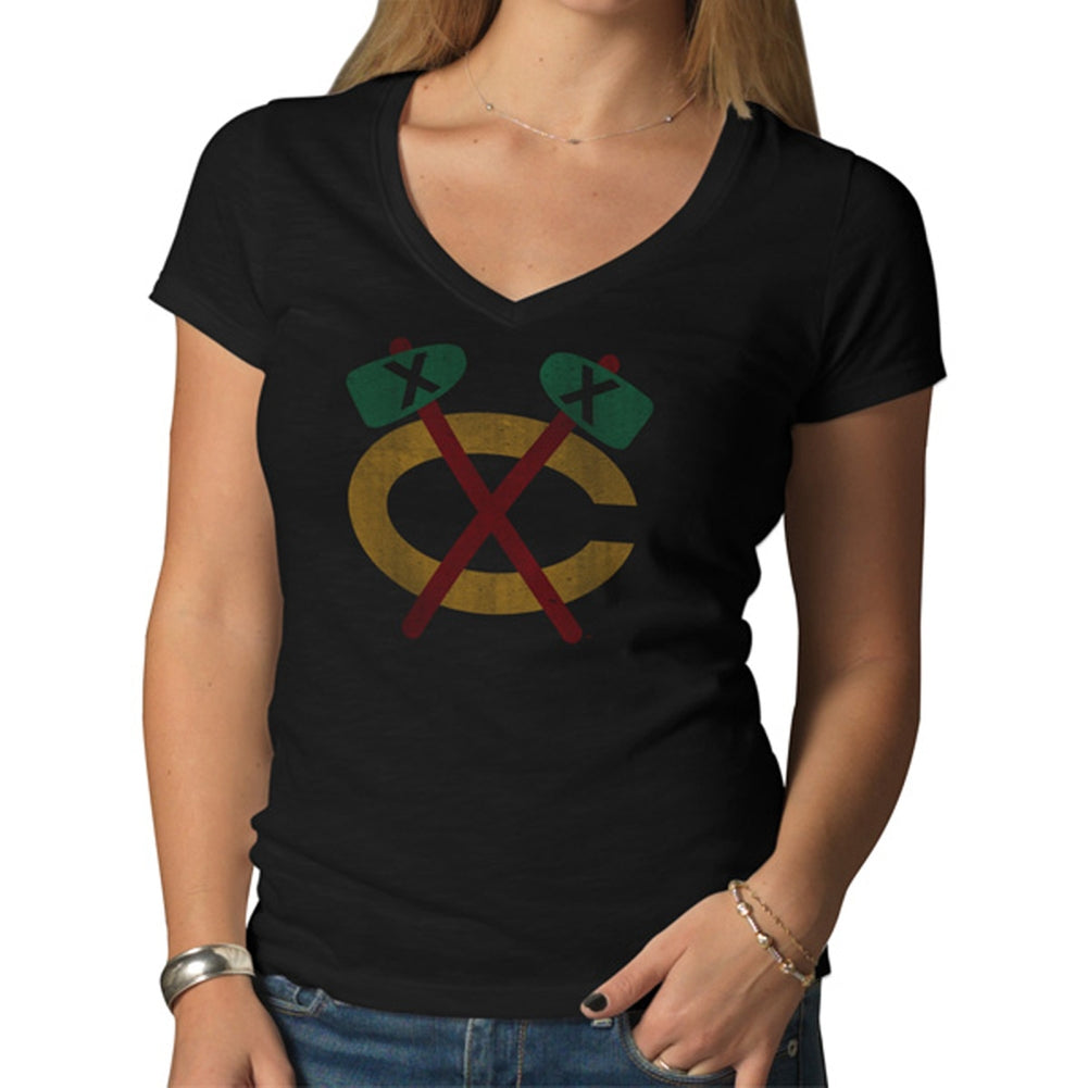 Chicago Blackhawks - Logo Scrum Premium Black Juniors V-Neck T-Shirt Juniors T-Shirts Chicago Blackhawks LG Black