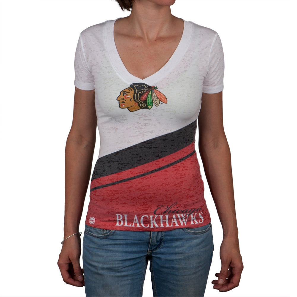 Chicago Blackhawks - Logo Cheerleader Burnout Juniors T-Shirt Juniors T-Shirts Chicago Blackhawks 2XL White