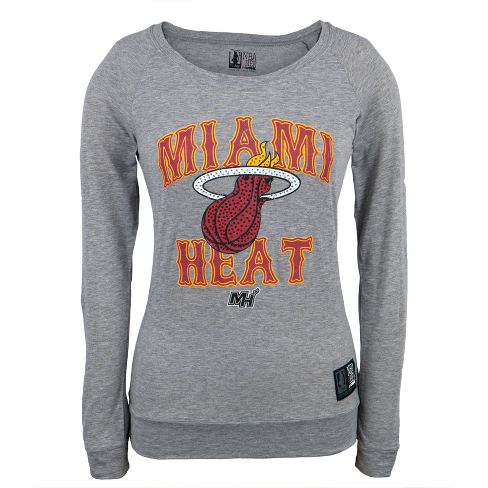 Miami Heat - Distressed Gem Hoop Logo Juniors Long Sleeve T-Shirt Juniors Long Sleeves Miami Heat LG Grey