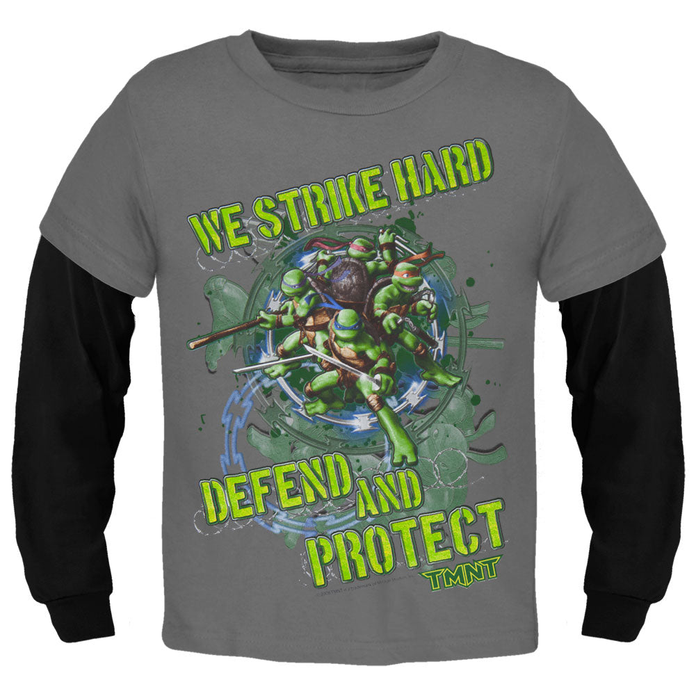 Teenage Muntant Ninja Turtles - Defend And Protect Juvy 2fer Long Sleeve T-Shirt Juvenile Long Sleeves Teenage Mutant Ninja Turtles J4 Grey