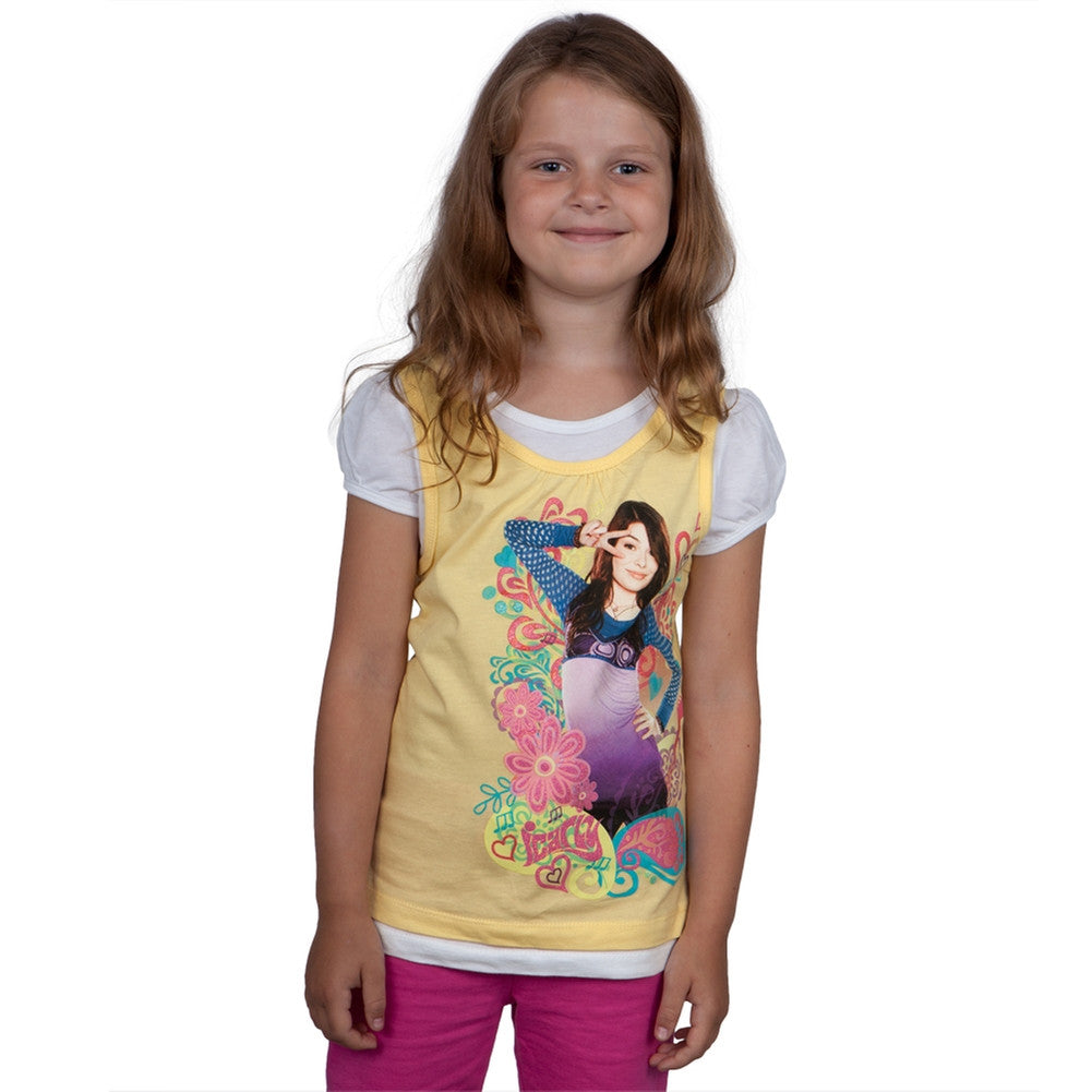 iCarly - Peace Sign Girls Juvy Short Sleeve 2fer Juvenile T-Shirts iCarly J4 Yellow