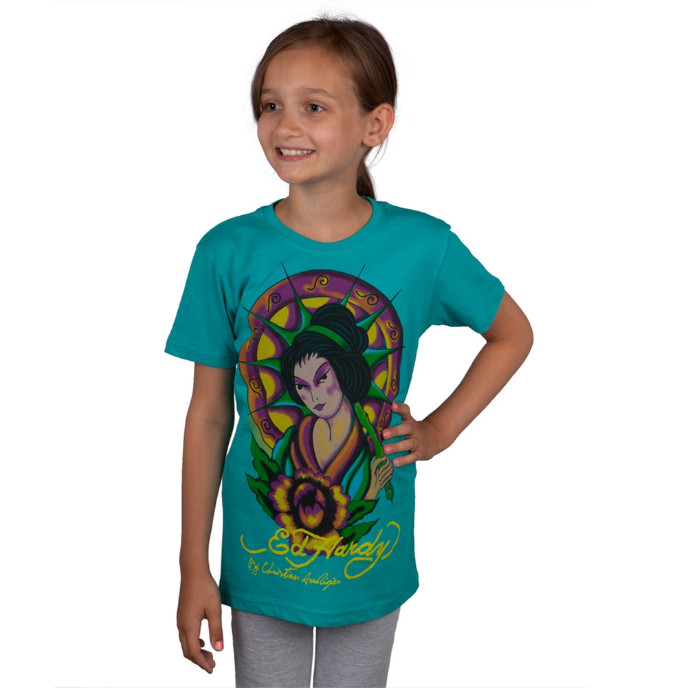 Ed Hardy - Geisha Sunburst Girls Youth Shirt Youth T-Shirts Ed Hardy LG Green